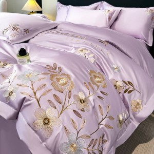 High end floral plant embroidery quilt comforter cover purple bed sheets bed linen cotton bedding set in stock
