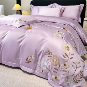 High end floral plant embroidery quilt comforter cover purple bed sheets bed linen cotton bedding set in stock
