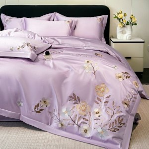 High end floral plant embroidery quilt comforter cover purple bed sheets bed linen cotton bedding set in stock