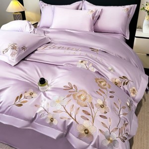 High end floral plant embroidery quilt comforter cover purple bed sheets bed linen cotton bedding set in stock