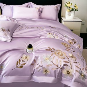 High end floral plant embroidery quilt comforter cover purple bed sheets bed linen cotton bedding set in stock