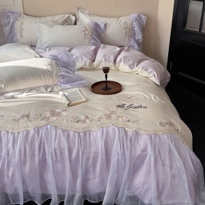 2025 new long staple cotton lace edge embroidery duvet cover super soft bed sheet purple bedding set