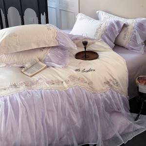 2025 new long staple cotton lace edge embroidery duvet cover super soft bed sheet purple bedding set
