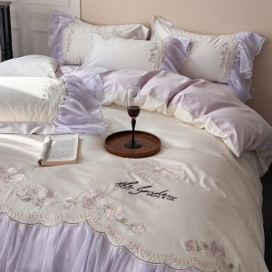 2025 new long staple cotton lace edge embroidery duvet cover super soft bed sheet purple bedding set