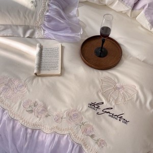 2025 new long staple cotton lace edge embroidery duvet cover super soft bed sheet purple bedding set