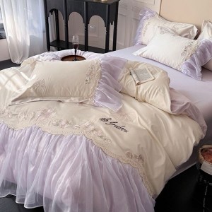 2025 new long staple cotton lace edge embroidery duvet cover super soft bed sheet purple bedding set