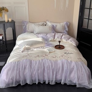 2025 new long staple cotton lace edge embroidery duvet cover super soft bed sheet purple bedding set