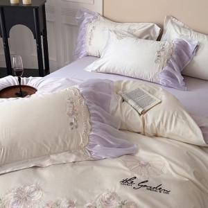 2025 new long staple cotton lace edge embroidery duvet cover super soft bed sheet purple bedding set