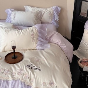 2025 new long staple cotton lace edge embroidery duvet cover super soft bed sheet purple bedding set