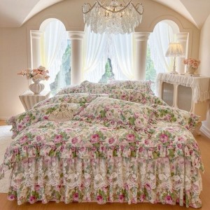 133*72 pure cotton floral printed comforter quilt cover set lace embroidery bed skirt 4pcs 40s bedding set