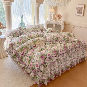133*72 pure cotton floral printed comforter quilt cover set lace embroidery bed skirt 4pcs 40s bedding set