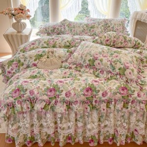 133*72 pure cotton floral printed comforter quilt cover set lace embroidery bed skirt 4pcs 40s bedding set