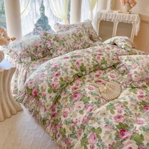 133*72 pure cotton floral printed comforter quilt cover set lace embroidery bed skirt 4pcs 40s bedding set