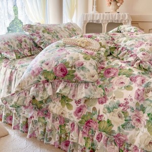 133*72 pure cotton floral printed comforter quilt cover set lace embroidery bed skirt 4pcs 40s bedding set