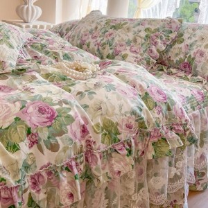 133*72 pure cotton floral printed comforter quilt cover set lace embroidery bed skirt 4pcs 40s bedding set