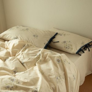 Linen cotton floral printing duvet cover bed sheets white bedding set