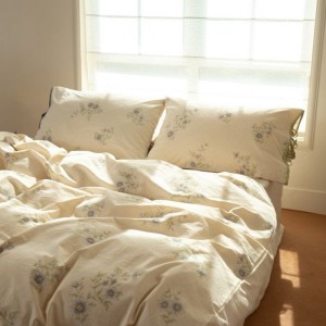 Linen cotton floral printing duvet cover bed sheets white bedding set
