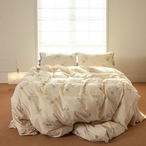 Linen cotton floral printing duvet cover bed sheets white bedding set