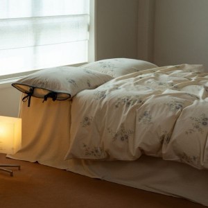 Linen cotton floral printing duvet cover bed sheets white bedding set