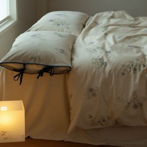 Linen cotton floral printing duvet cover bed sheets white bedding set