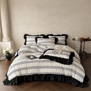 Cotton seersucker yarn-dyed jacquard duvet cover bed sheets black white striped printing bedding set