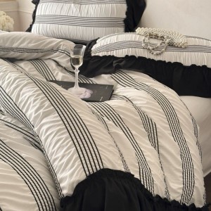 Cotton seersucker yarn-dyed jacquard duvet cover bed sheets black white striped printing bedding set