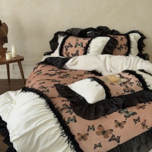 French style golden mink silk digital printing quilt cover fully eliminated milk velvet bed sheet four-piece bedding set