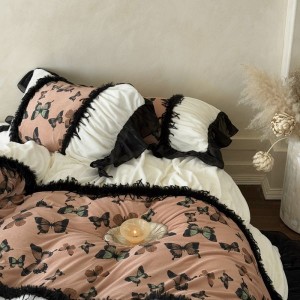 French style golden mink silk digital printing quilt cover fully eliminated milk velvet bed sheet four-piece bedding set