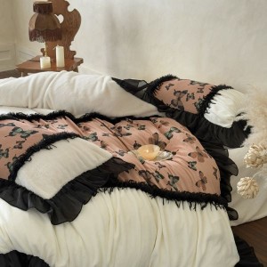 French style golden mink silk digital printing quilt cover fully eliminated milk velvet bed sheet four-piece bedding set