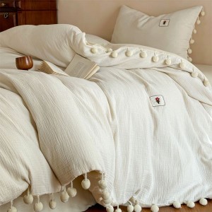 2025 Vintage Cotton Crinkle Yarn White Four-Piece Bedding Set with Duvet Cover Bed Sheet Pillowcases