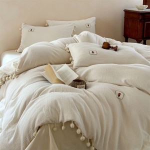 2025 Vintage Cotton Crinkle Yarn White Four-Piece Bedding Set with Duvet Cover Bed Sheet Pillowcases