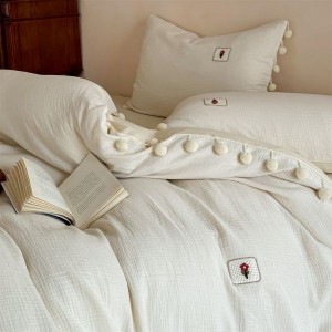 2025 Vintage Cotton Crinkle Yarn White Four-Piece Bedding Set with Duvet Cover Bed Sheet Pillowcases