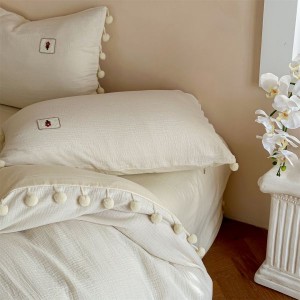 2025 Vintage Cotton Crinkle Yarn White Four-Piece Bedding Set with Duvet Cover Bed Sheet Pillowcases
