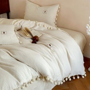 2025 Vintage Cotton Crinkle Yarn White Four-Piece Bedding Set with Duvet Cover Bed Sheet Pillowcases