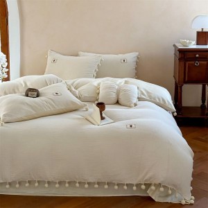 2025 Vintage Cotton Crinkle Yarn White Four-Piece Bedding Set with Duvet Cover Bed Sheet Pillowcases