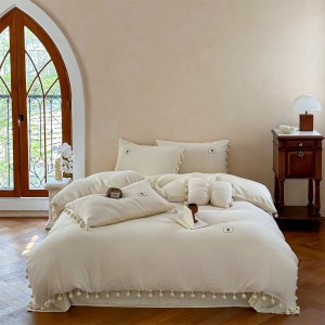 2025 Vintage Cotton Crinkle Yarn White Four-Piece Bedding Set with Duvet Cover Bed Sheet Pillowcases