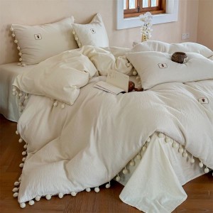 2025 Vintage Cotton Crinkle Yarn White Four-Piece Bedding Set with Duvet Cover Bed Sheet Pillowcases