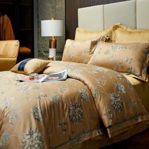Premium quality 100s cotton home hotel textiles beige jacquard bedding set wholesaler