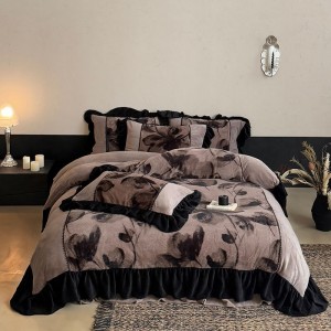 High quality black ruffles home hotel textiles printing milk velvet bedding set supplier
