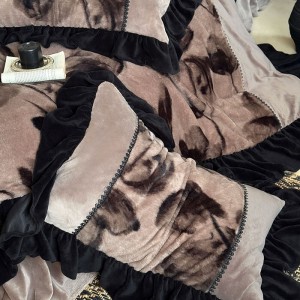 High quality black ruffles home hotel textiles printing milk velvet bedding set supplier