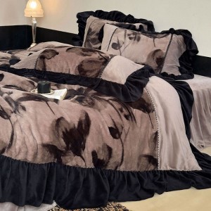 High quality black ruffles home hotel textiles printing milk velvet bedding set supplier
