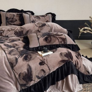 High quality black ruffles home hotel textiles printing milk velvet bedding set supplier