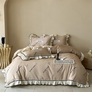 Wholesale high-end pillowcases beige comforter set printing bed linen fitted sheets 2m/2.2m ruffles bedding set for adults