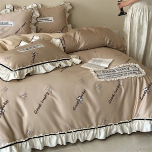 Wholesale high-end pillowcases beige comforter set printing bed linen fitted sheets 2m/2.2m ruffles bedding set for adults
