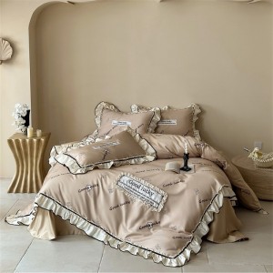 Wholesale high-end pillowcases beige comforter set printing bed linen fitted sheets 2m/2.2m ruffles bedding set for adults