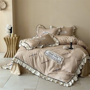 Wholesale high-end pillowcases beige comforter set printing bed linen fitted sheets 2m/2.2m ruffles bedding set for adults