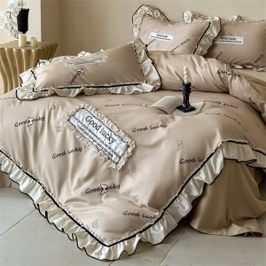 Wholesale high-end pillowcases beige comforter set printing bed linen fitted sheets 2m/2.2m ruffles bedding set for adults