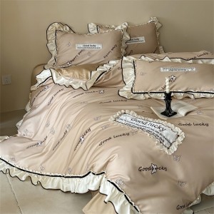 Wholesale high-end pillowcases beige comforter set printing bed linen fitted sheets 2m/2.2m ruffles bedding set for adults