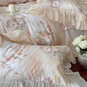 lyocell cotton satin home hotel textile pink lace comforter cover with 2 high-end pillowcases coverlets bedding set manufacture