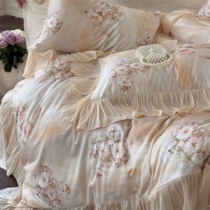 lyocell cotton satin home hotel textile pink lace comforter cover with 2 high-end pillowcases coverlets bedding set manufacture